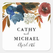 ネイビーと錆の水カラーフローラ結婚式の引き出物 スクエアシール (正面)