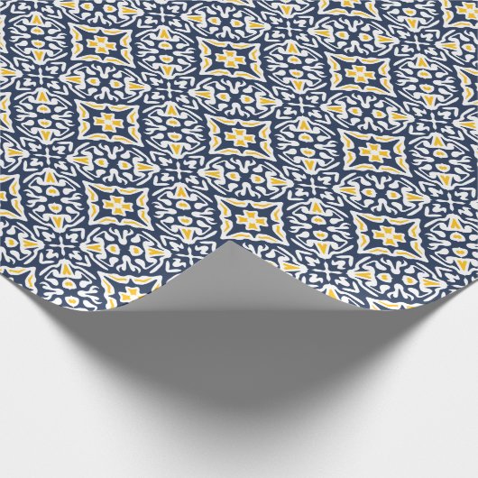 ネイビーと黄色のスペインのタイル模様 ラッピングペーパー (角)