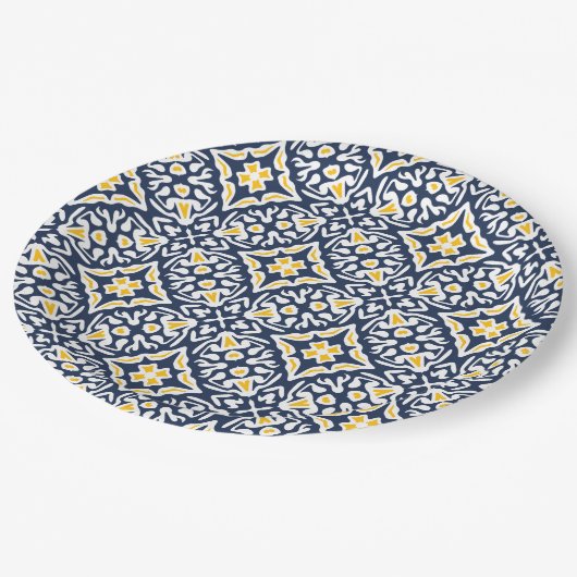 ネイビーと黄色の地中海のタイル模様 ペーパープレート (アングル)