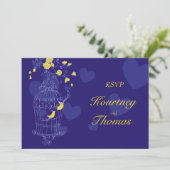 ネイビーと黄色の鳥が開いたケージの結婚式の出欠確認カード 招待状 (スタンド正面)