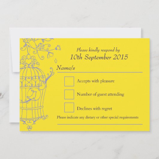 ネイビーと黄色の鳥が開いたケージの結婚式の出欠確認カード 招待状 (裏面)