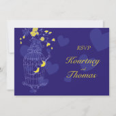 ネイビーと黄色の鳥が開いたケージの結婚式の出欠確認 招待状 (正面)