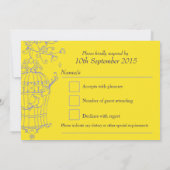 ネイビーと黄色の鳥が開いたケージの結婚式の出欠確認 招待状 (裏面)