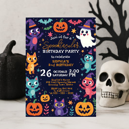 ネイビーのおばけのかわいいモンスターの10月の子供の誕生日 招待状