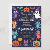 ネイビーのおばけのかわいいモンスターの10月の子供の誕生日 招待状 (正面)