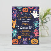 ネイビーのおばけのかわいいモンスターの10月の子供の誕生日 招待状 (スタンド正面)