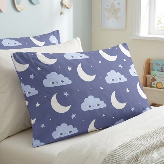 ネイビーのかわいい月・星・雲の枕カバー 枕カバー