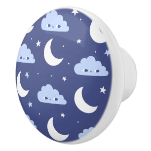 ネイビーのかわいい月・星・雲の陶器の取っ手 セラミックノブ