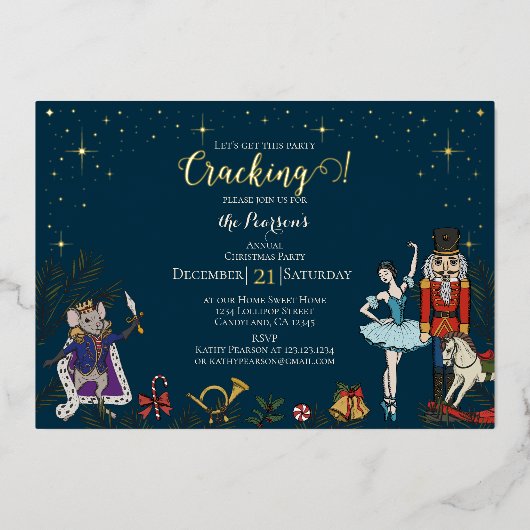 ネイビーのクリスマス・ナッツクラッカー・バレエパーティー 箔招待状 (正面)