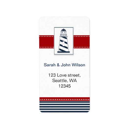 ネイビーのストライプ、灯台、 nautical 結婚ラベル ラベル (正面)