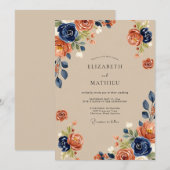 ネイビーのテラコッタ色の落ち着いた秋の結婚式 招待状 (正面/裏面)