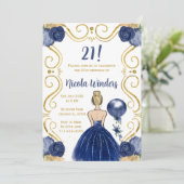 ネイビーのドレスの金髪プリンセスの誕生日パーティー 招待状 (スタンド正面)