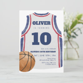 ネイビーのバスケットボールジャージ 水彩画 誕生日パーティー 招待状
