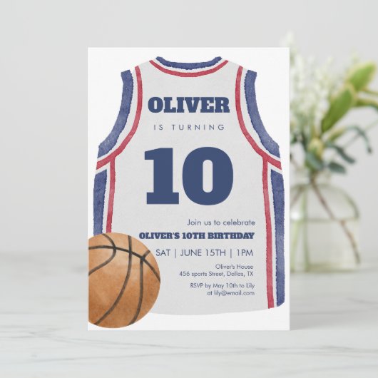 ネイビーのバスケットボールジャージ 水彩画 誕生日パーティー 招待状 (スタンド正面)