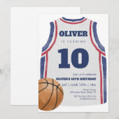 ネイビーのバスケットボールジャージ 水彩画 誕生日パーティー 招待状 (正面/裏面)