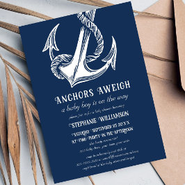 ネイビーのベビーシャワーにホワイトアンカー Nautical White Anchor on Nav 招待状