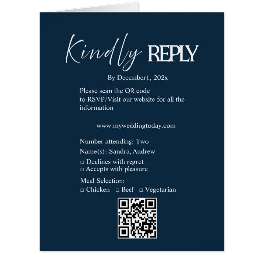 ネイビーのミニマリスト結婚式RSVPカード (正面)