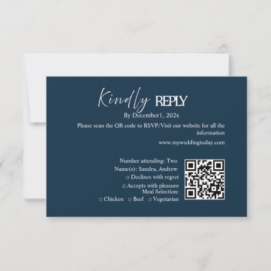 ネイビーのミニマリスト結婚式RSVPカード 出欠カード (正面)