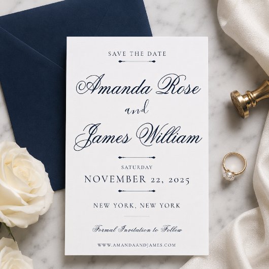 ネイビーのミニマルラグジュアリー結婚式の事前お知らせテンプレート 招待状