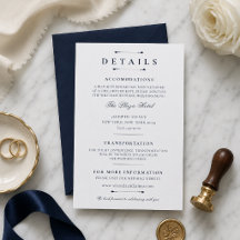 ネイビーのミニマルラグジュアリー結婚式詳細カードテンプレート
