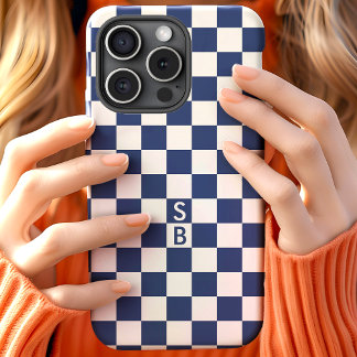 ネイビーのレトロチェック柄モノグラム iPhone 15ケース