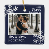ネイビーの初めてのクリスマス 結婚記念写真 セラミックオーナメント (正面)