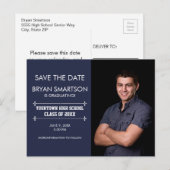 ネイビーの卒業記念フォト「Save the Date」カスタム ポストカード (正面/裏面)