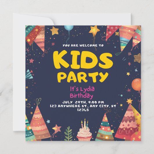 ネイビーの子供パーティーの誕生日招待状 招待状 (正面)