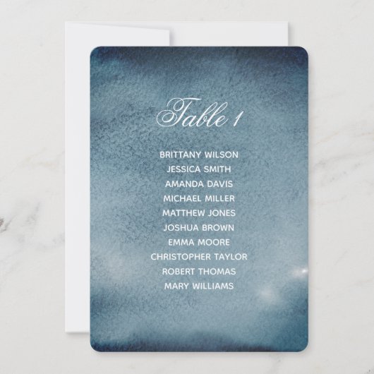 ネイビーの座席表。水彩のブルーを使った結婚式の計画 招待状 (正面)