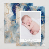 ネイビーの水彩波とゴールドの誕生のお知らせ 招待状 (正面/裏面)