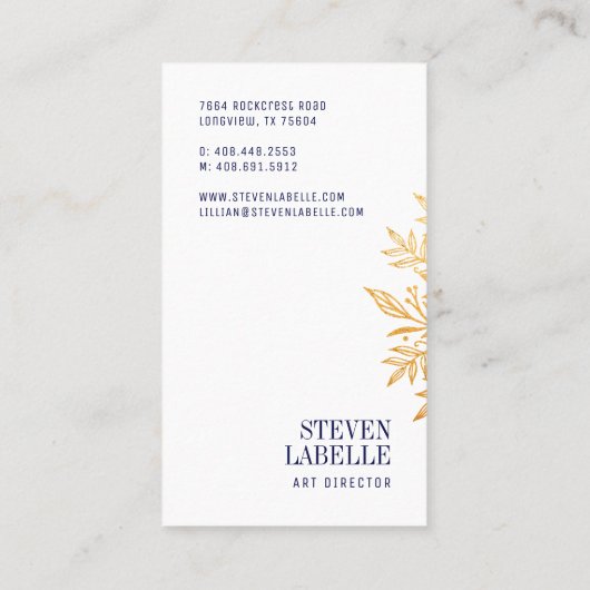 ネイビーの水彩画と金ゴールドの葉モノグラムエンブレム 名刺 (裏面)