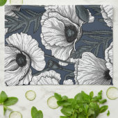 ネイビーの白いケシ キッチンタオル (折り畳み)