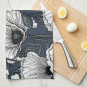 ネイビーの白いケシ キッチンタオル (四つ折り)