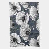 ネイビーの白いケシ キッチンタオル (縦)