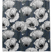 ネイビーの白いケシ シャワーカーテン (正面)