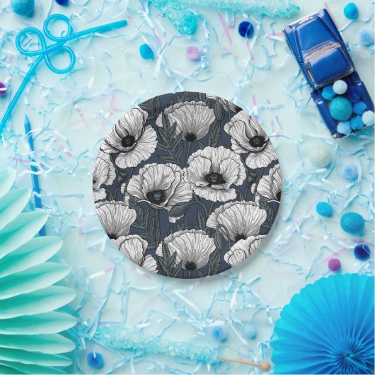 ネイビーの白いケシ ペーパープレート (パーティー)