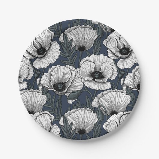 ネイビーの白いケシ ペーパープレート (正面)