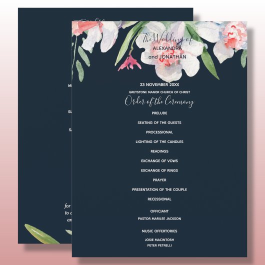 ネイビーの結婚式プログラムの白いナルキッソス プログラム