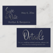 ネイビーの結婚式詳細保存のカード「Save the Date Card」 名刺 (正面/裏面)