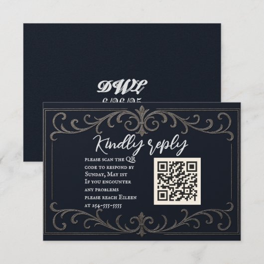 ネイビーの結婚式QRコード返信ハガキ 出欠カード (正面/裏面)