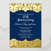ネイビーの結婚記念日写真とゴールドレース 箔招待状 (正面)