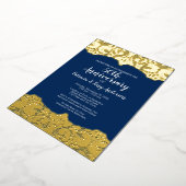 ネイビーの結婚記念日写真とゴールドレース 箔招待状 (回転した状態)