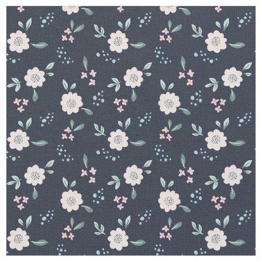 ネイビーの背景に可愛いピンクの花デザイン ファブリック (クローズアップ)