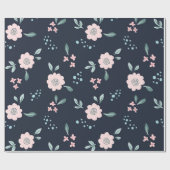 ネイビーの背景に可愛いピンクの花デザイン ラッピングペーパー (フラット)