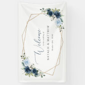 ネイビーの花と青い花ボホ結婚の歓迎 横断幕 (縦)