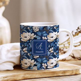 ネイビーの花のモダンなフラワーコーヒー コーヒーマグカップ