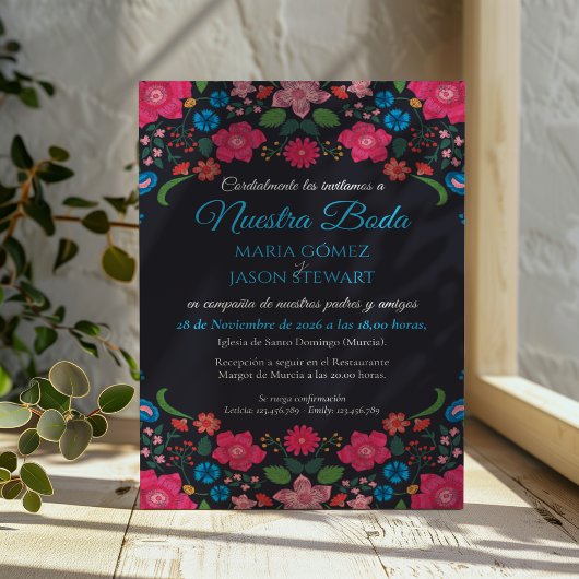 ネイビーの花フラワースペインのボダ結婚式 招待状