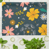 ネイビーの花園の幻想的な春のパターン キッチンタオル (折り畳み)