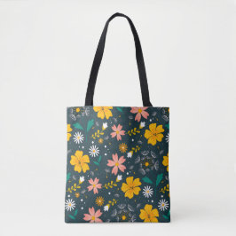 ネイビーの花園の幻想的な春のパターン トートバッグ