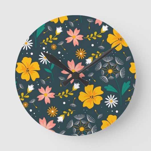 ネイビーの花園の幻想的な春のパターン ラウンド壁時計 (正面)